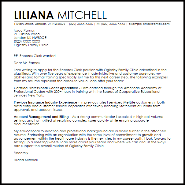 Records Clerk Cover Letter Sample LiveCareer