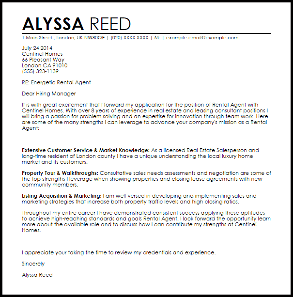 Rental Agent Cover Letter Sample LiveCareer
