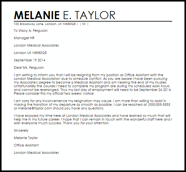 resignation letter due to schedule conflict livecareer example retirement letter