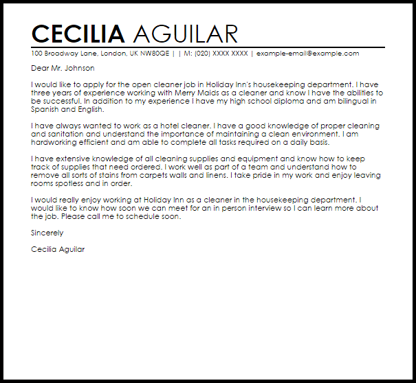 how to write a application letter as a cleaner
