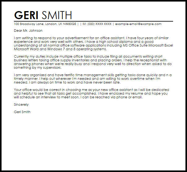 cover letter template for office assistant