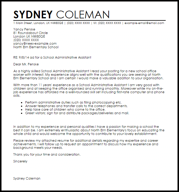 cover letter for school administrative assistant with no experience