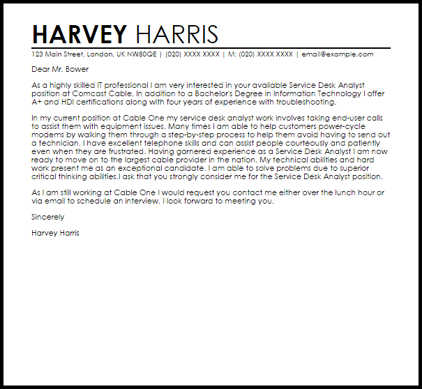 Service Desk Analyst Cover Letter Sample LiveCareer