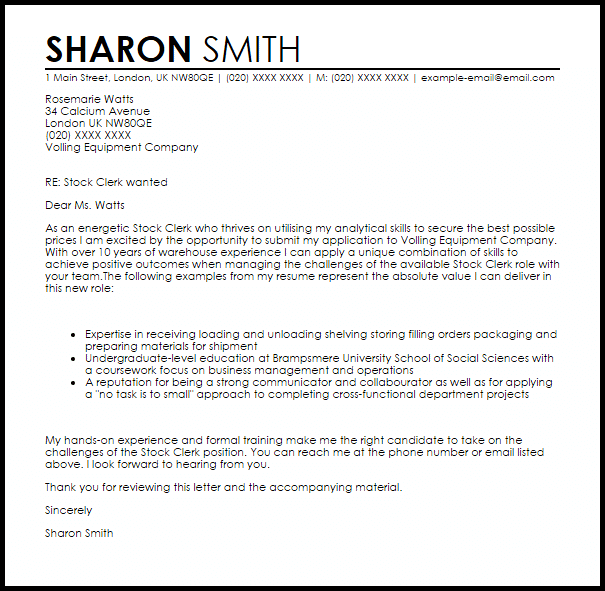 Stock Clerk Cover Letter Sample LiveCareer