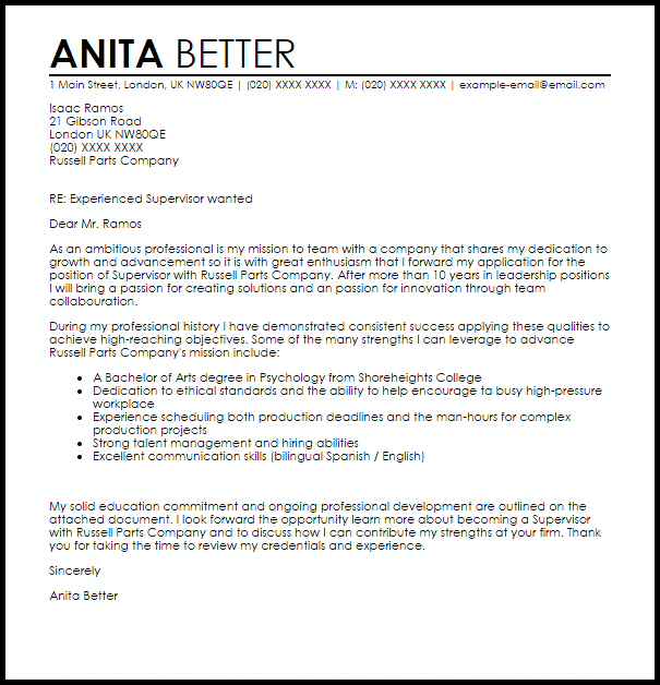 cover letter sample of a supervisor