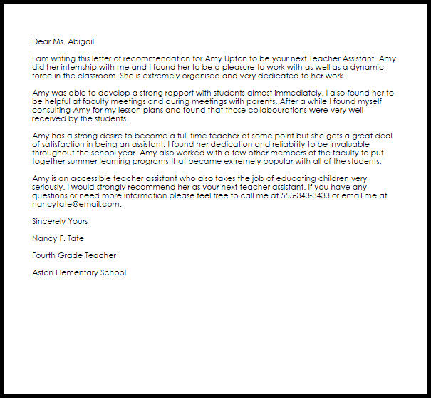 how to write a letter of recommendation for a teacher assistant
