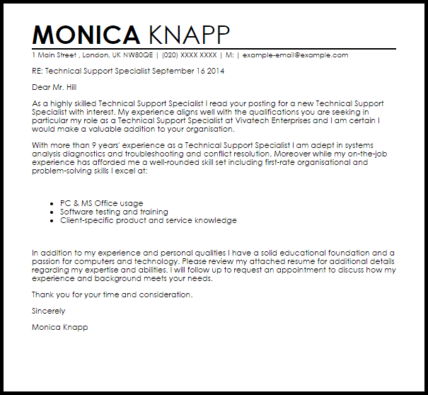 technical support specialist cover letter sample livecareer sample technical cover letters