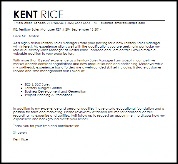 Territory Sales Manager Cover Letter Sample