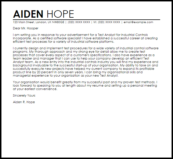 test analyst cover letter sample livecareer internship cv examples