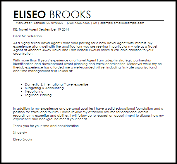 Travel Agent Cover Letter Sample | LiveCareer