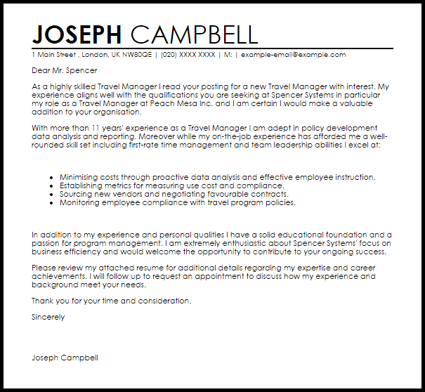 Travel Manager Cover Letter Sample  LiveCareer
