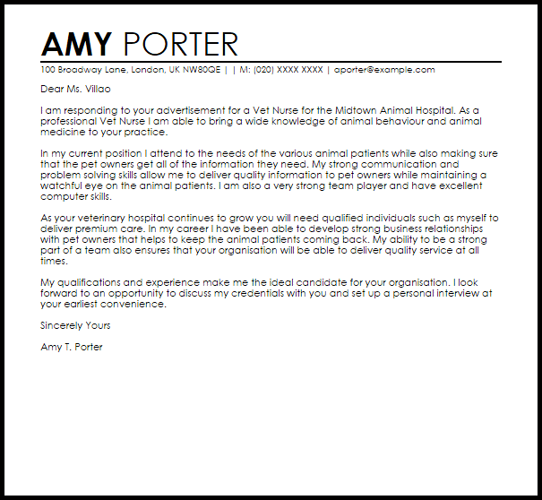 Vet Nurse Cover Letter Sample LiveCareer