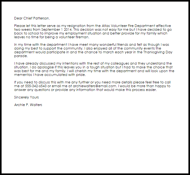 volunteer fire department resignation letter