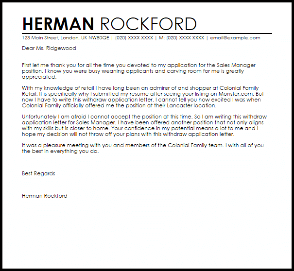 Withdraw Application Letter Application Letters LiveCareer