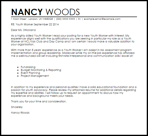 Youth Worker Cover Letter Sample LiveCareer