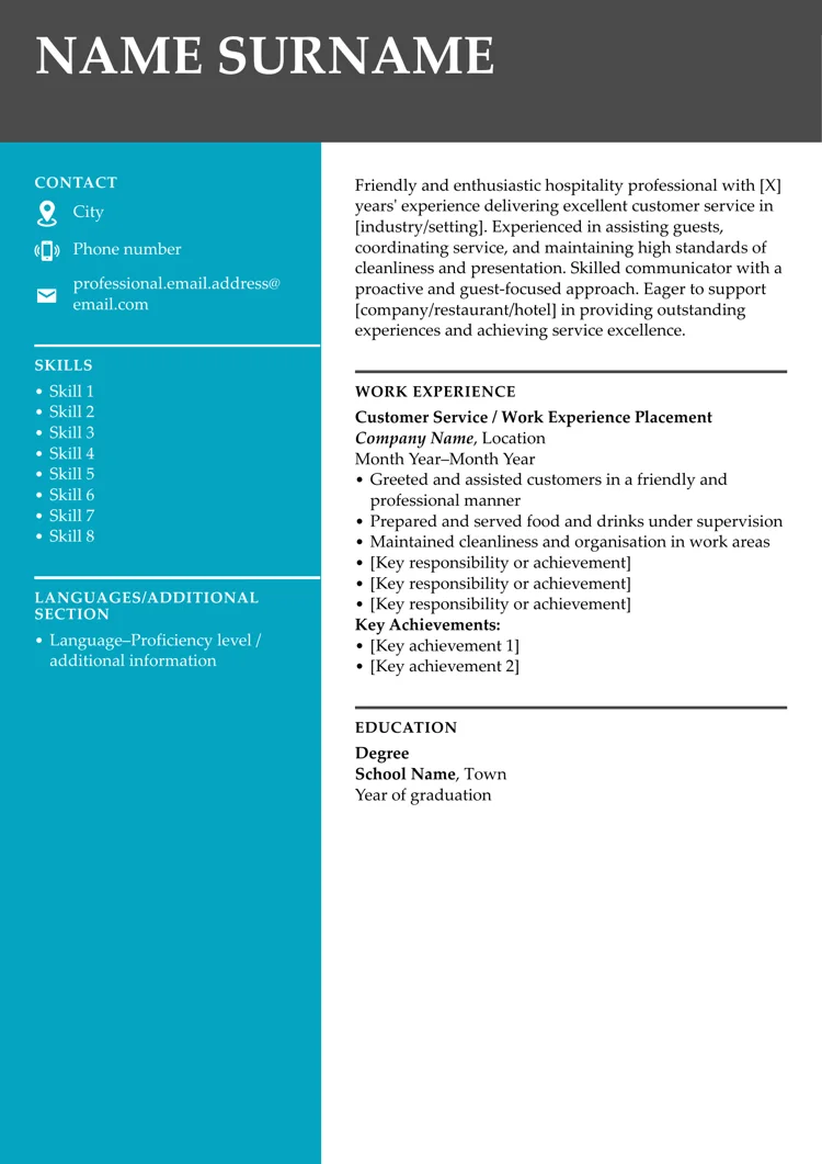 Hospitality CV example created in LiveCareer UK CV builder