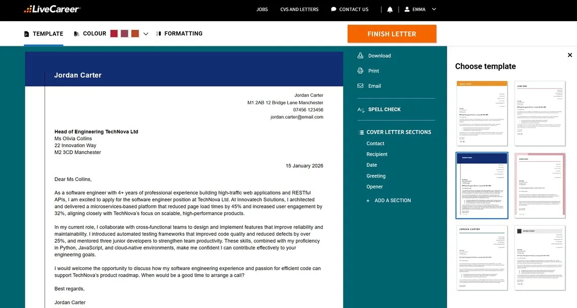 Software engineering cover letter created using LiveCareer UK CV builder