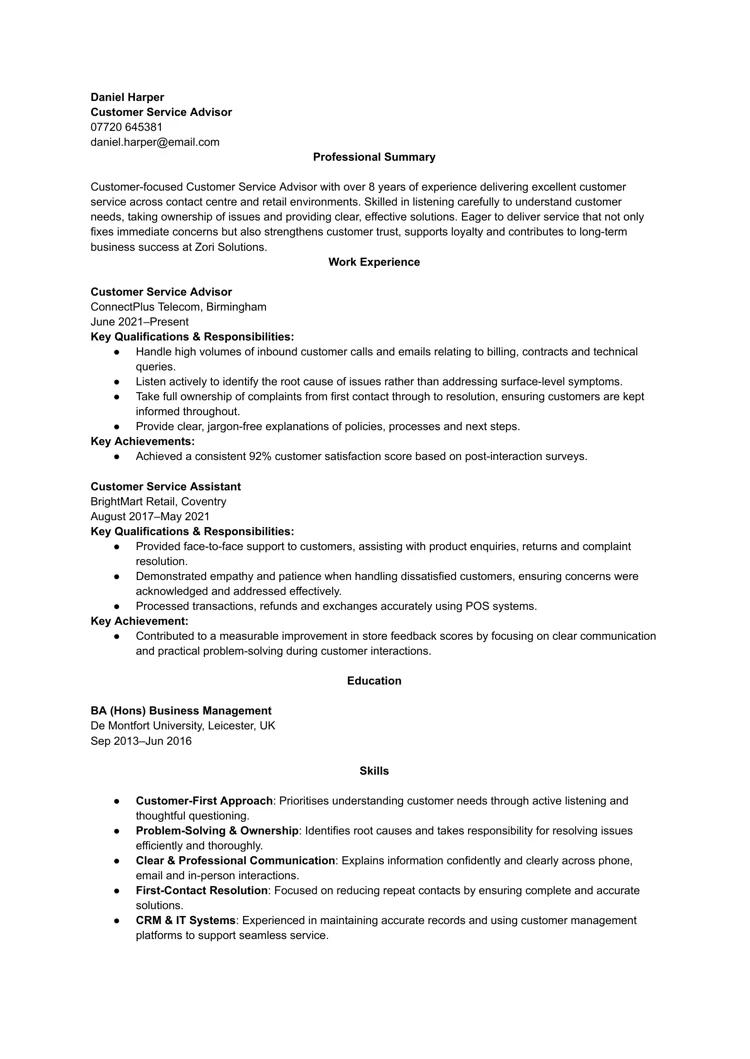 Customer service CV example from LiveCareer UK CV builder